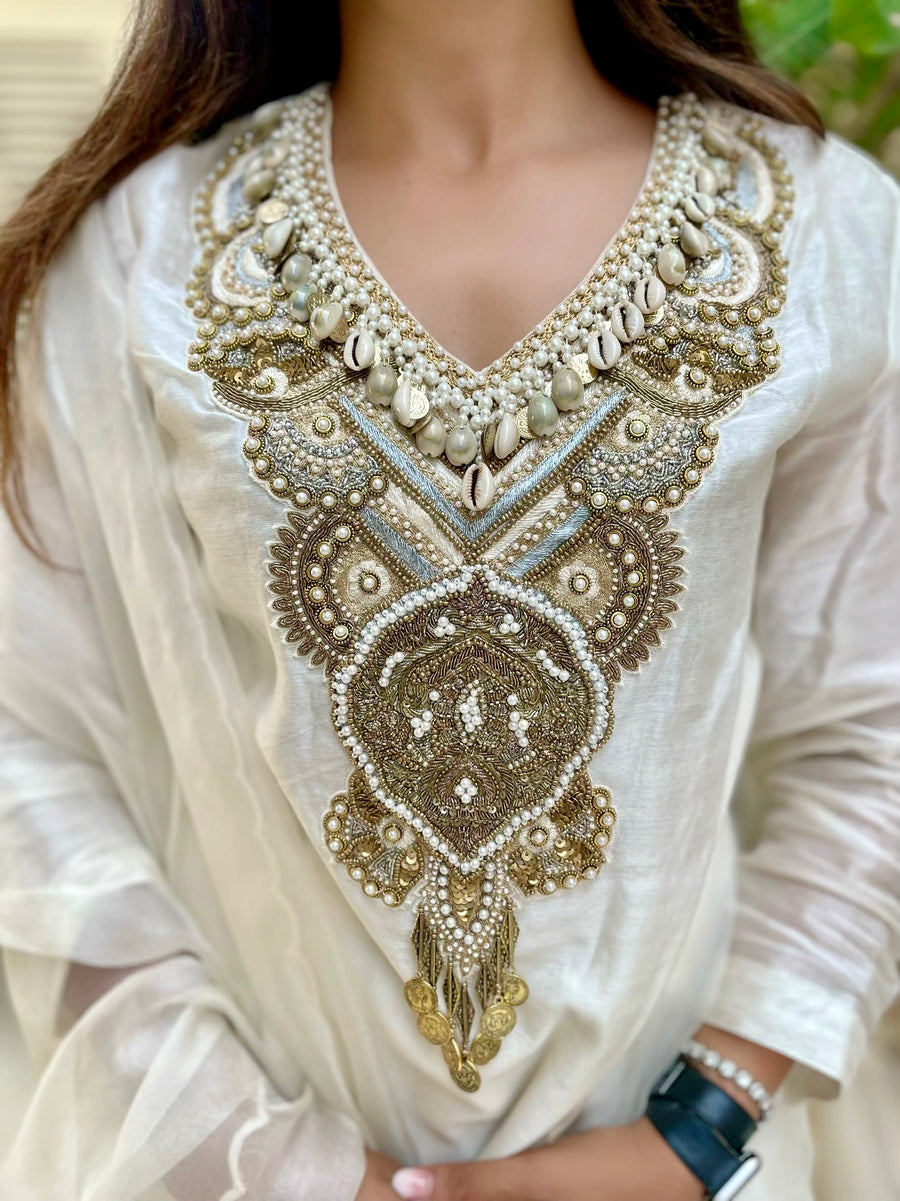 Ivory, Gold & Pearls Hand Embroidered Kurta Set