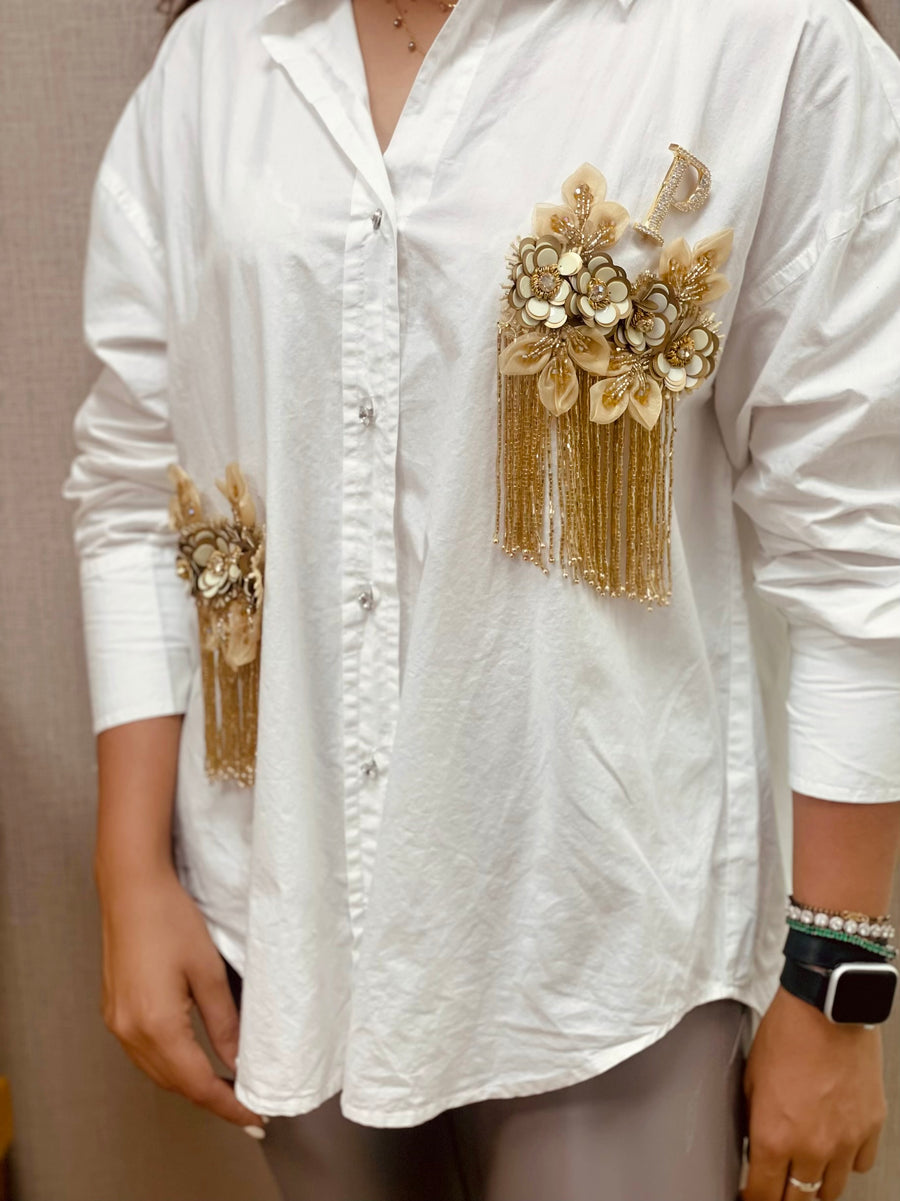 Hand Embroidered with Golden Tassel  White Personalised Shirt