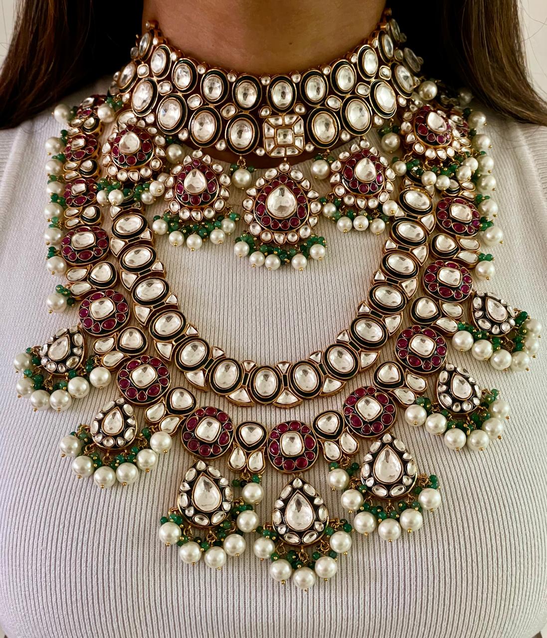 Maharani Afia Double Layer Emerald Ruby Polki Kundan Pearl Drop Necklace Set Aiza Polki Ruby Pearl Emerald Drops Necklace Set (2Necklace,