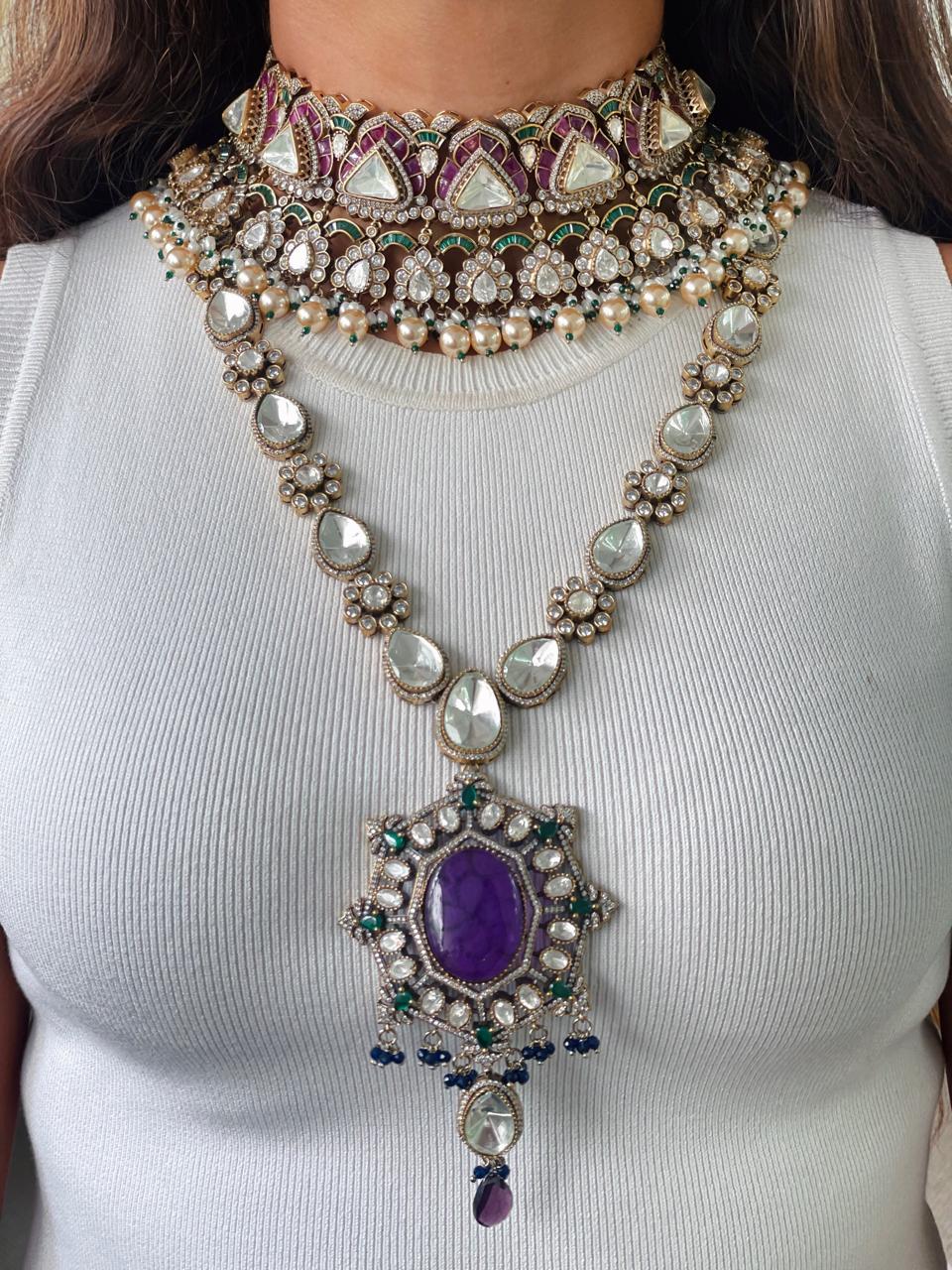 Maharani Purple Kundan Pearl Drop Triangular Polki Emerald Necklace Set  Purple Bug Kundan Polki Drop Necklace Set