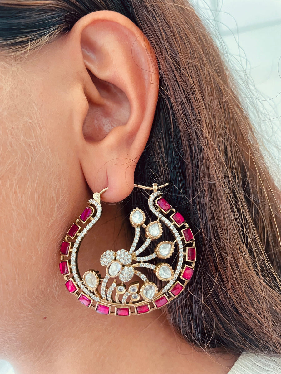 Ruby Baguette Finishing in Gold Polki Kundan Hoops