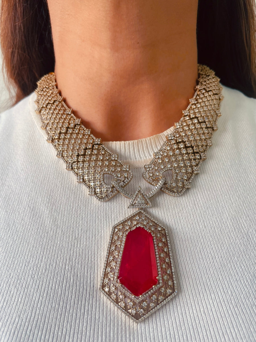 Hina Ruby Aureline Rajdarbar Imperial Majestique Necklace Set (Necklace & Earrings)