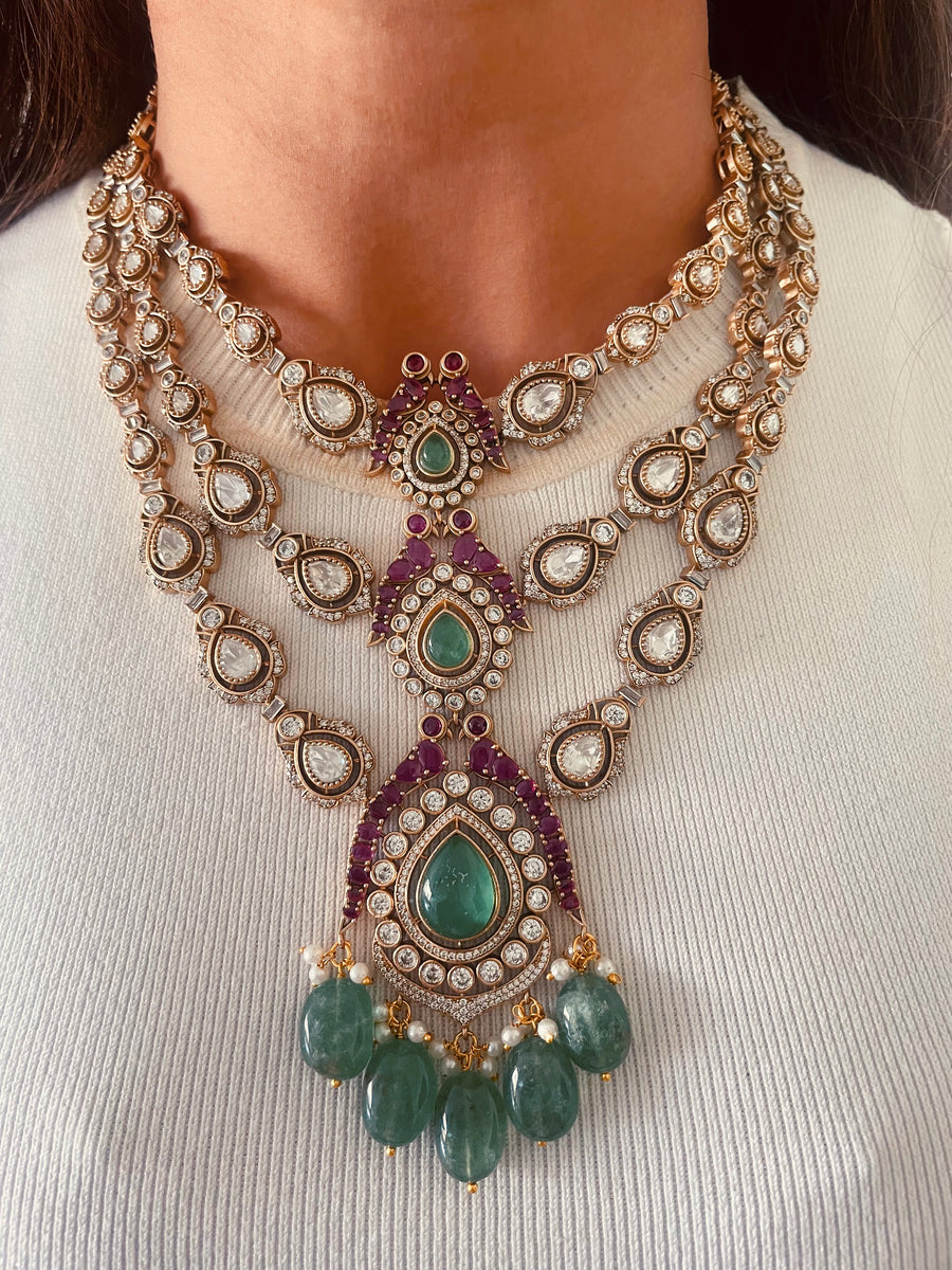 Eternal Royalty Moissanite Kundan Polki of Emerald Thrones With Ruby Blossoms & Diamond Grace Necklace Set (Necklace & Earrings)