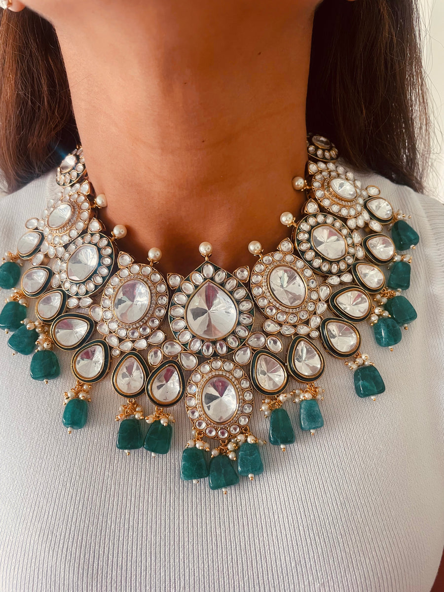 Panna-E-Zareen Sheeshmahal Royal Emerald Moissanite Polki Kundan Necklace Set (Necklace & Earrings)