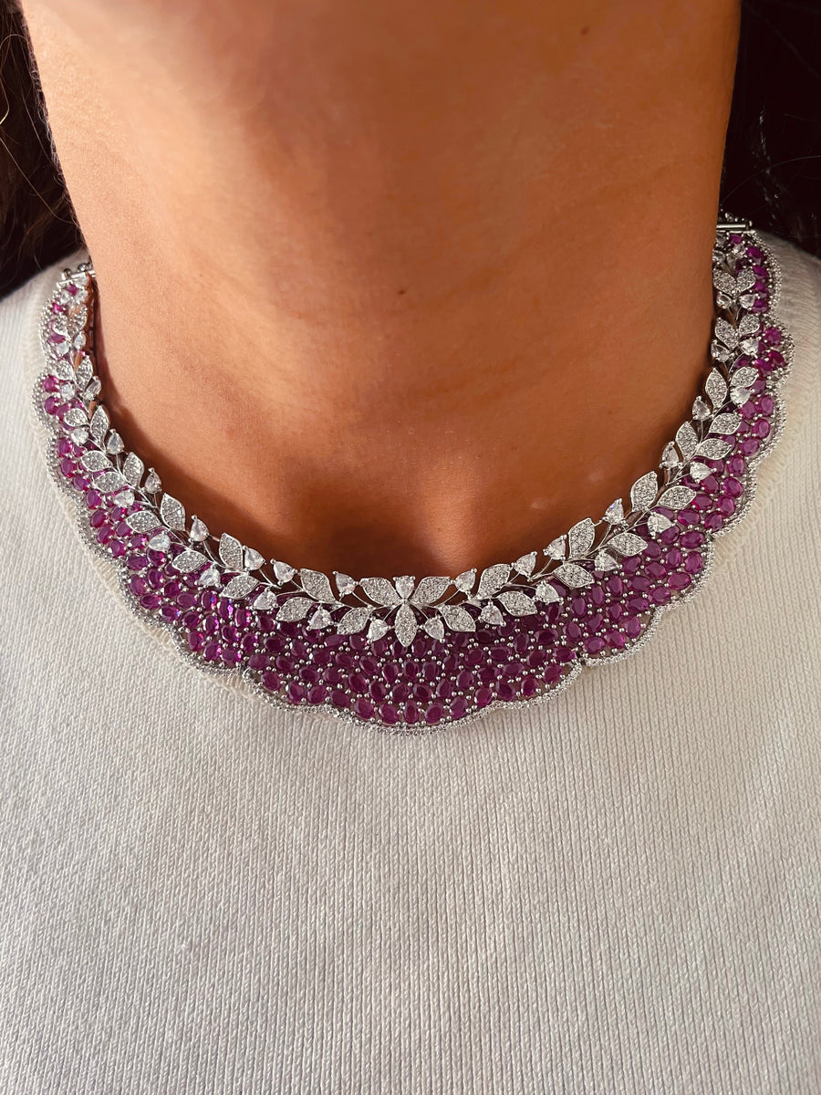 Ruby Stones Inlayed with Composite Setting Diamond Floral Necklace Set (Necklace & Earrings)