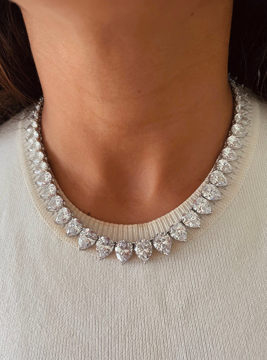 White Diamond Tennis Heart Drop Necklace Set