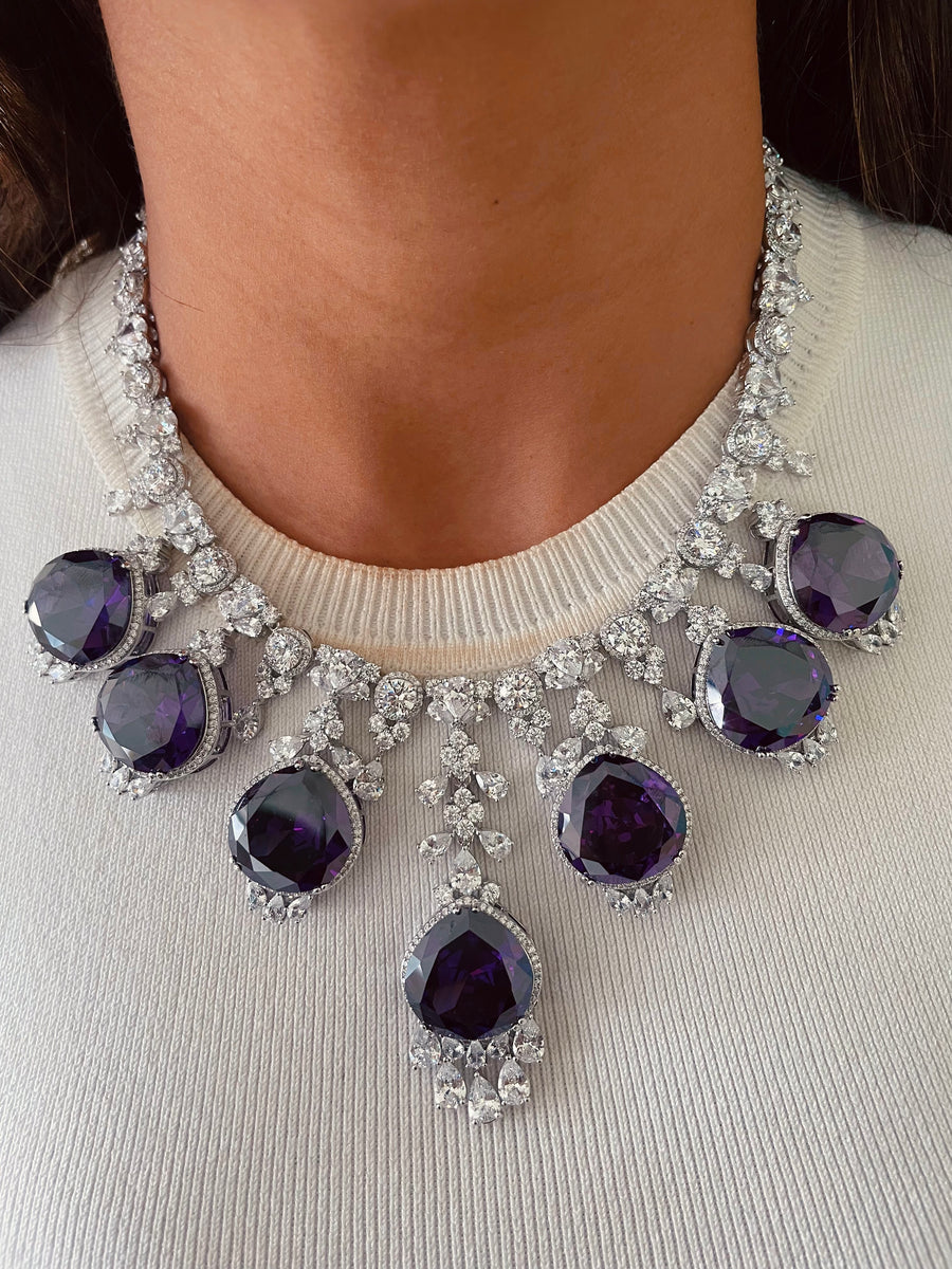 Amethyst Drop Diamond Statement Necklace Set
