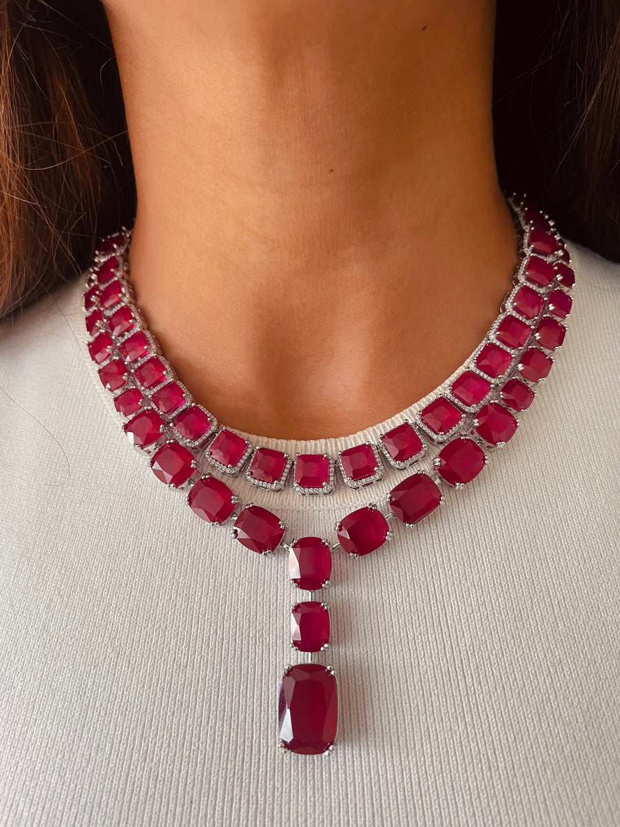 Maharani Citrine Square Drop Diamonte statement ketting & citrine tennis ketting set (oorbellen en ketting)