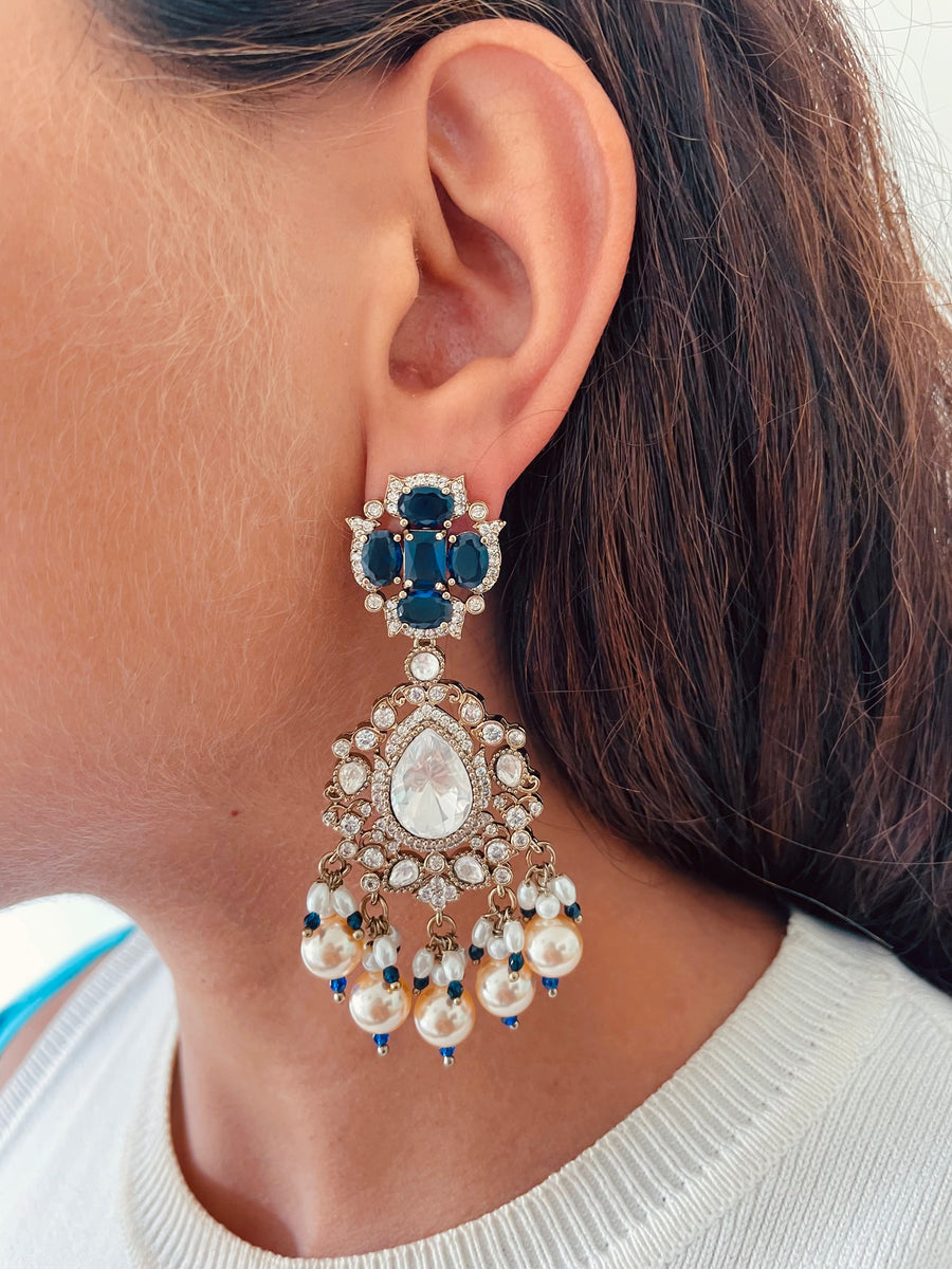 Meetu Sapphire, Pearls & Polki Dangling Statement Necklace Set (Necklace & Earrings)