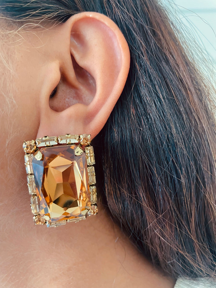 Champagne Rectangular Swarovski Crystal Studded Stud Earrings