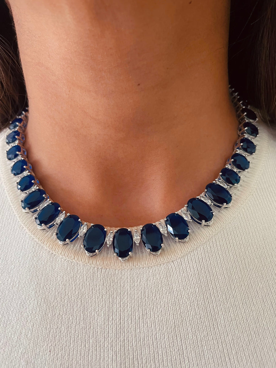 Single Line Sapphires with Marquis Diamond Setting Necklace Set & Sapphire Drop Necklace Set (2 Necklaces & 2 Earrings)