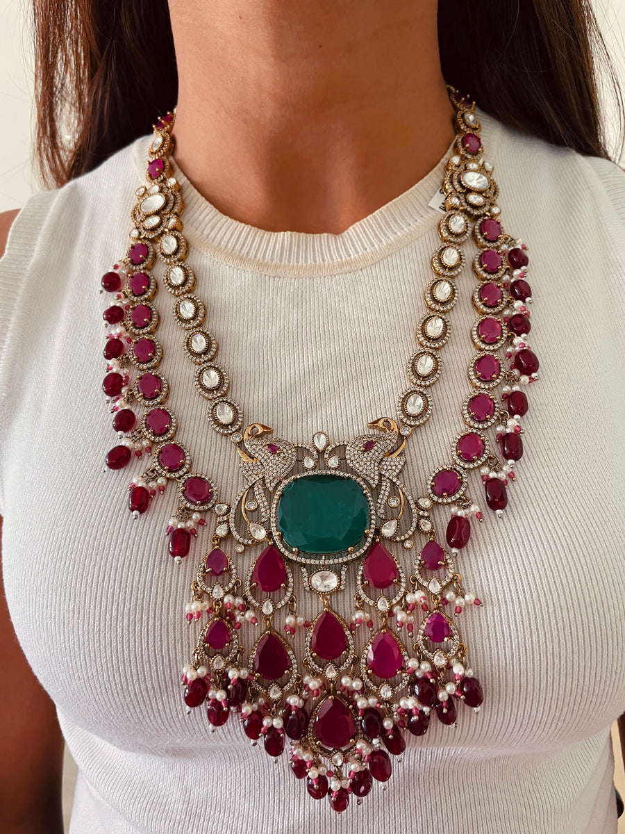Zareena Ruby Mayura Court Empress Necklace Set (Necklace & Earrings)