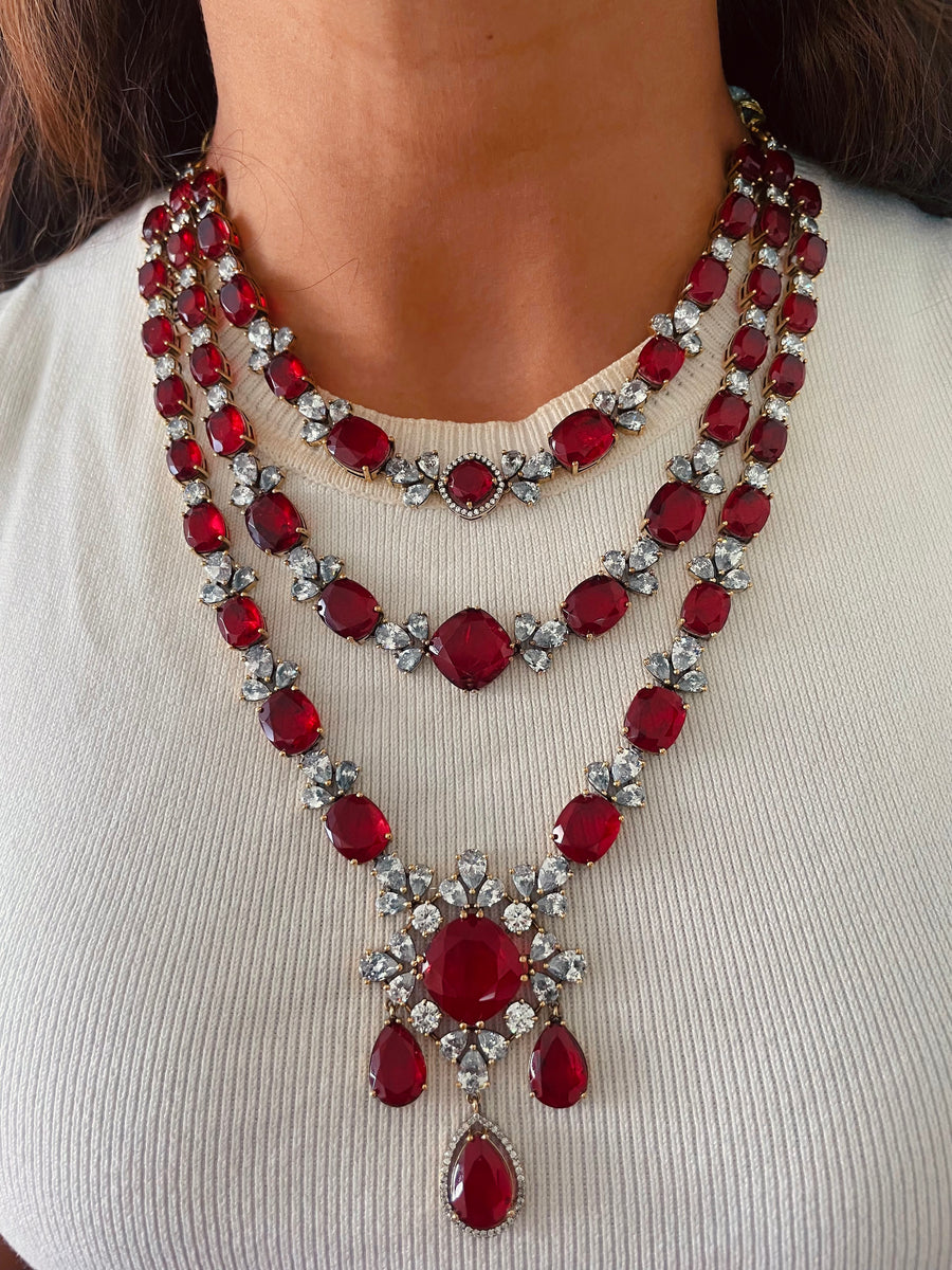 Zarfina Ruby Maharani Imperial Haar Necklace Set (Necklace & Earrings)