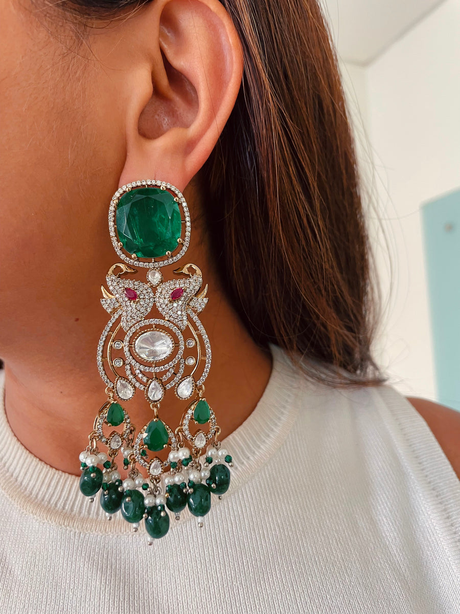 Zareena Emerald Mayura Court Empress Necklace Set (Necklace & Earrings)