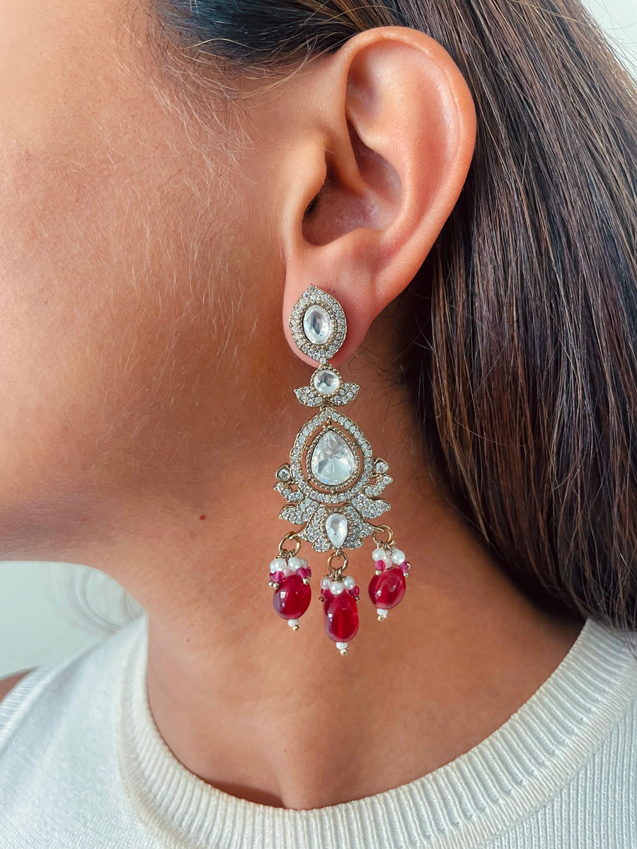 Moissanite Kundan Polki Choker Necklace With Ruby Stone & Pearl Drops Necklace Set ( Necklace & Earrings )