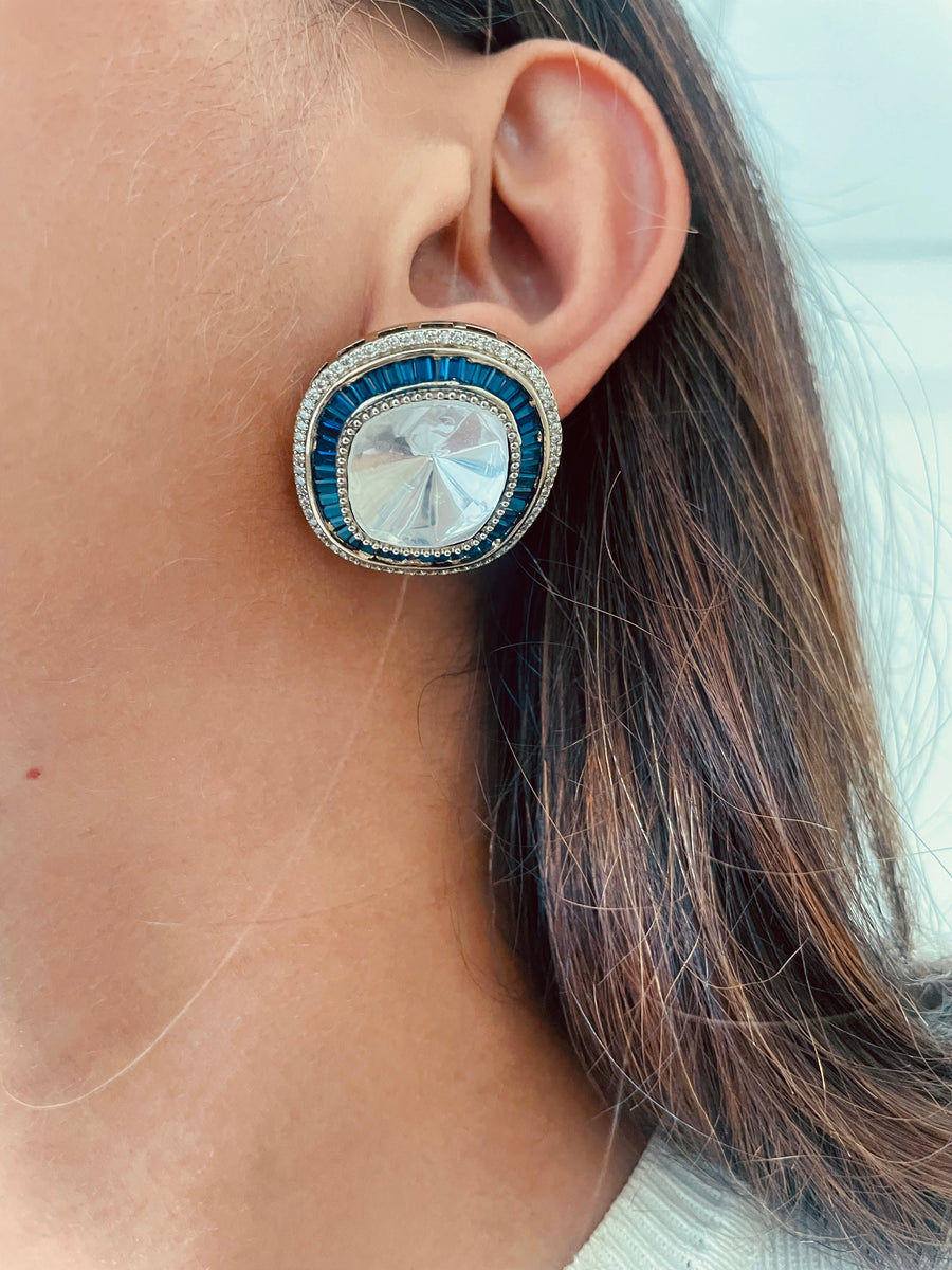 Sapphire Prism Aura Couture Moissanite Polki Kundan Studs Earrings