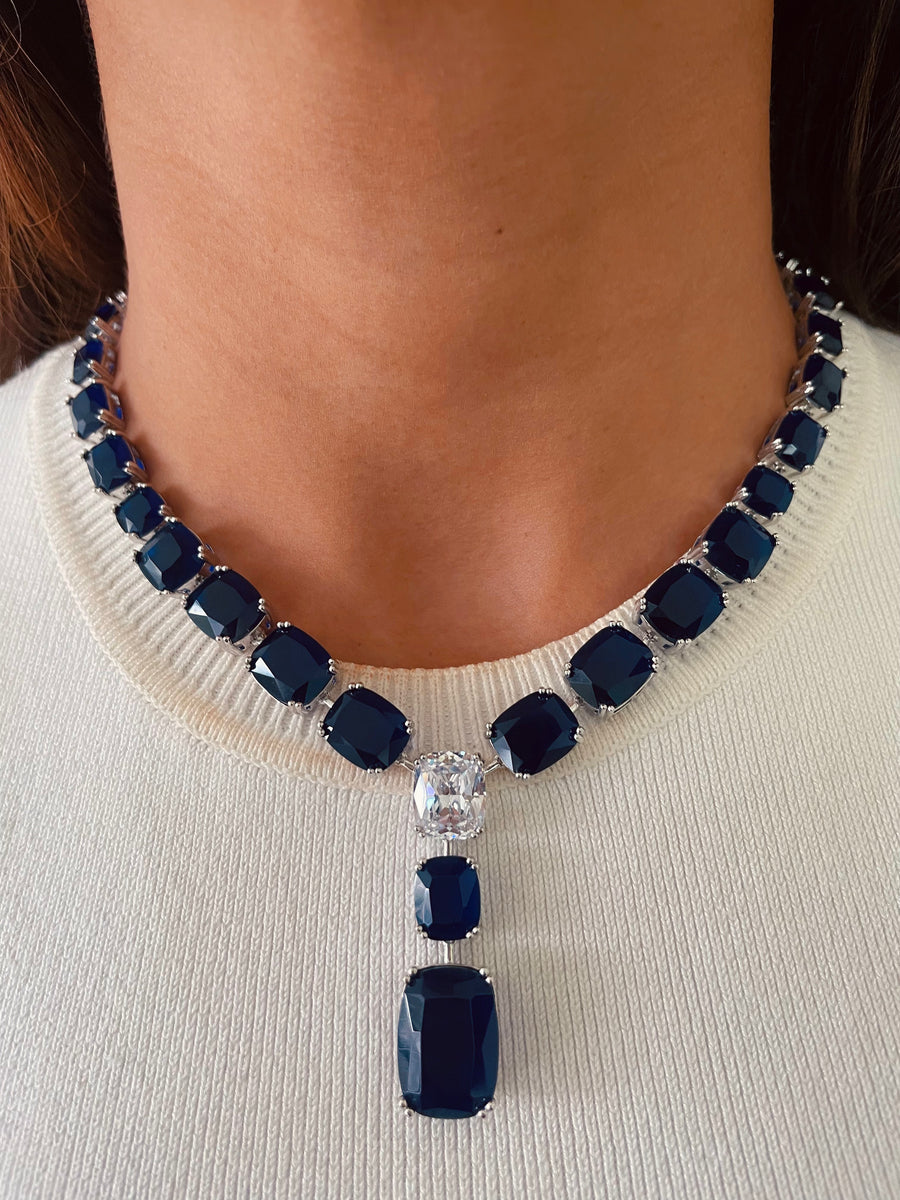 Single Line Sapphires with Marquis Diamond Setting Necklace Set & Sapphire Drop Necklace Set (2 Necklaces & 2 Earrings)