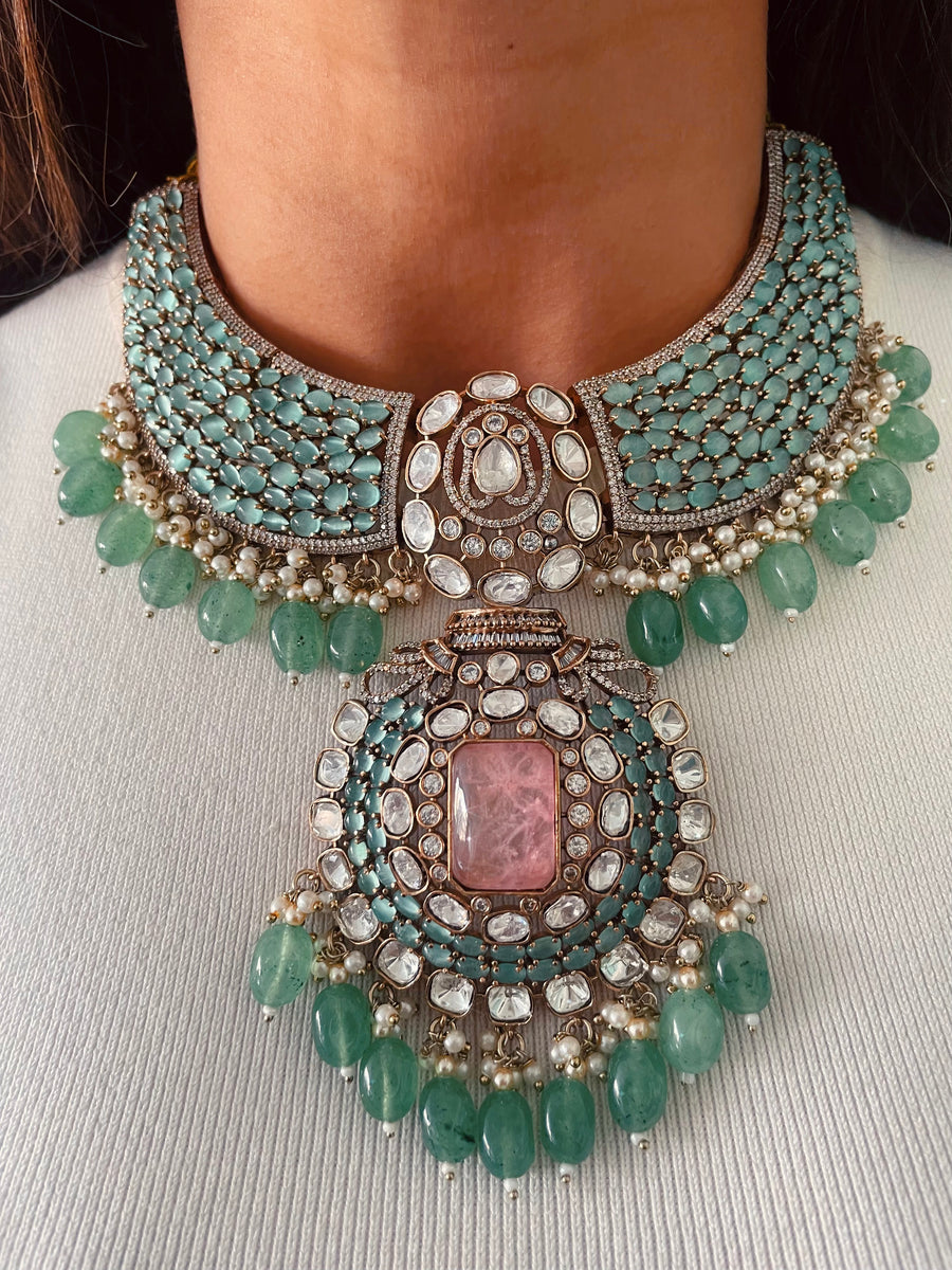 Roshni Emerald Bloom Statement Moissanite Kundan Polki Choker Necklace Set ( Necklace & Earrings )