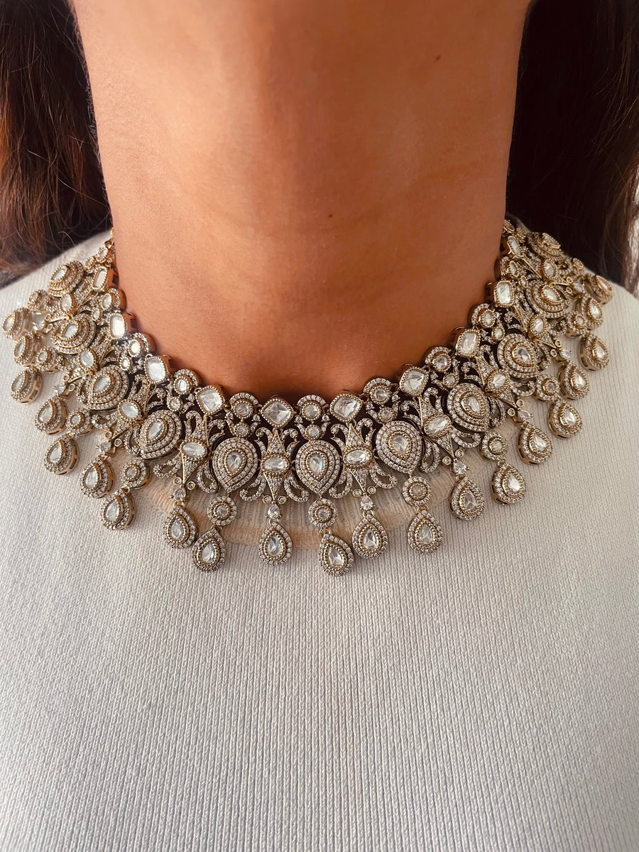 Cinderella Moissanite Kundan Polki Cret Haar Necklace Set ( Necklace & Earrings )