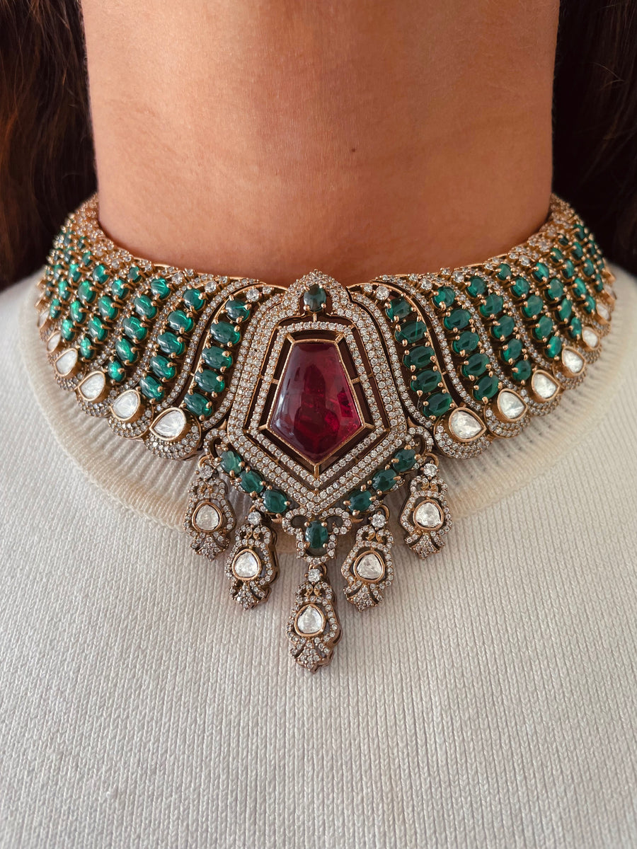 Moissanite Polki Kundan Necklace Set With Ruby & Emerald Detailing Necklace Set ( Necklace & Earrings )