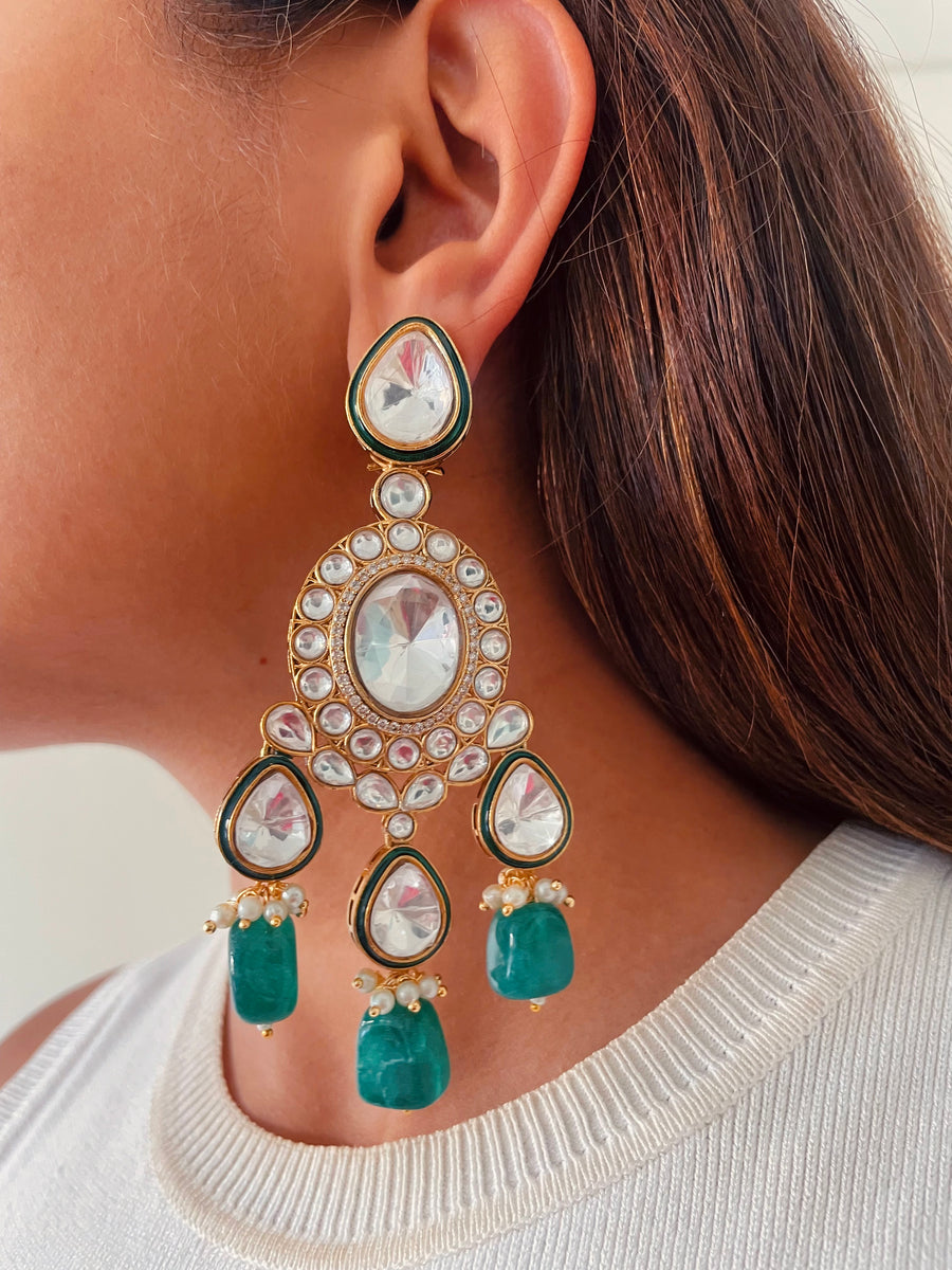 Panna-E-Zareen Sheeshmahal Royal Emerald Moissanite Polki Kundan Necklace Set (Necklace & Earrings)