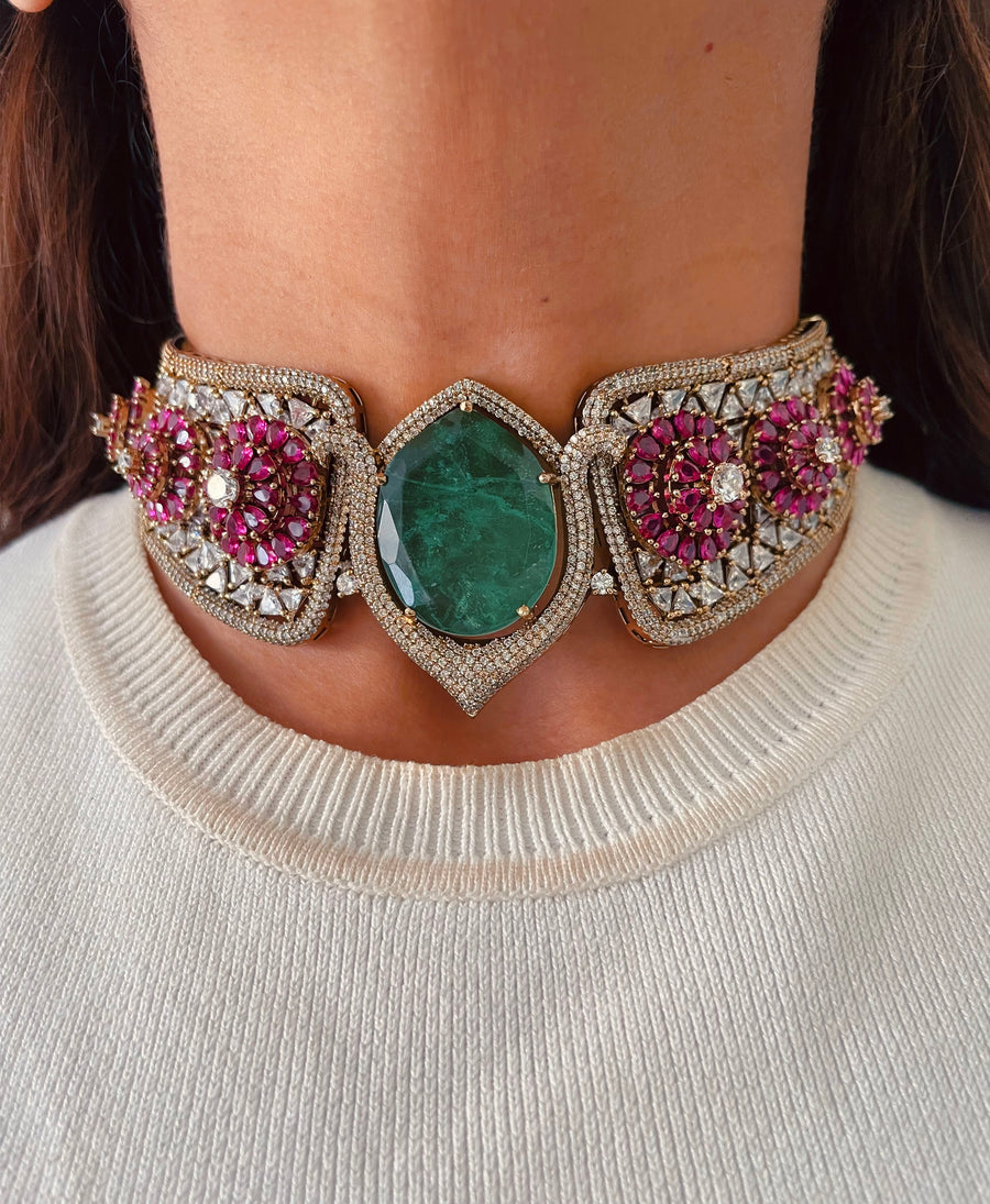 Ruchika Emerald & Ruby Aureline Rajdarbar Dynasty Sovereign Necklace Set (Necklace & Earrings)