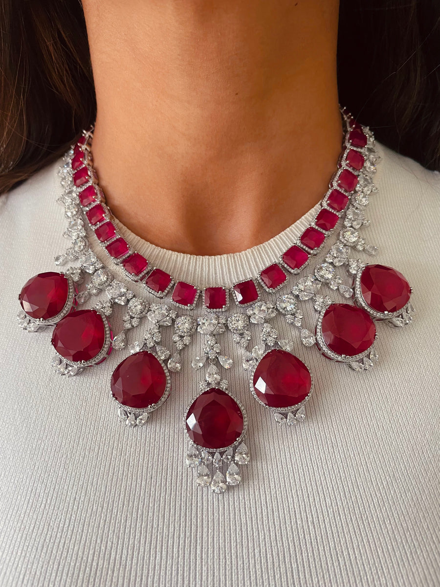 Maharani Citrine Square Drop Diamonte statement ketting & citrine tennis ketting set (oorbellen en ketting)