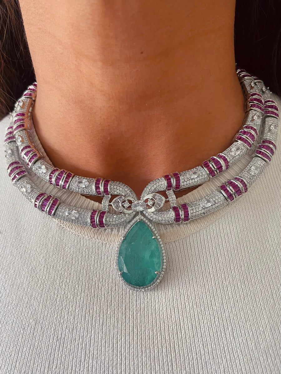 Jannat Aqua Luxe Ruby-Diamond Sovereign Necklace Set (Necklace & Earrings)