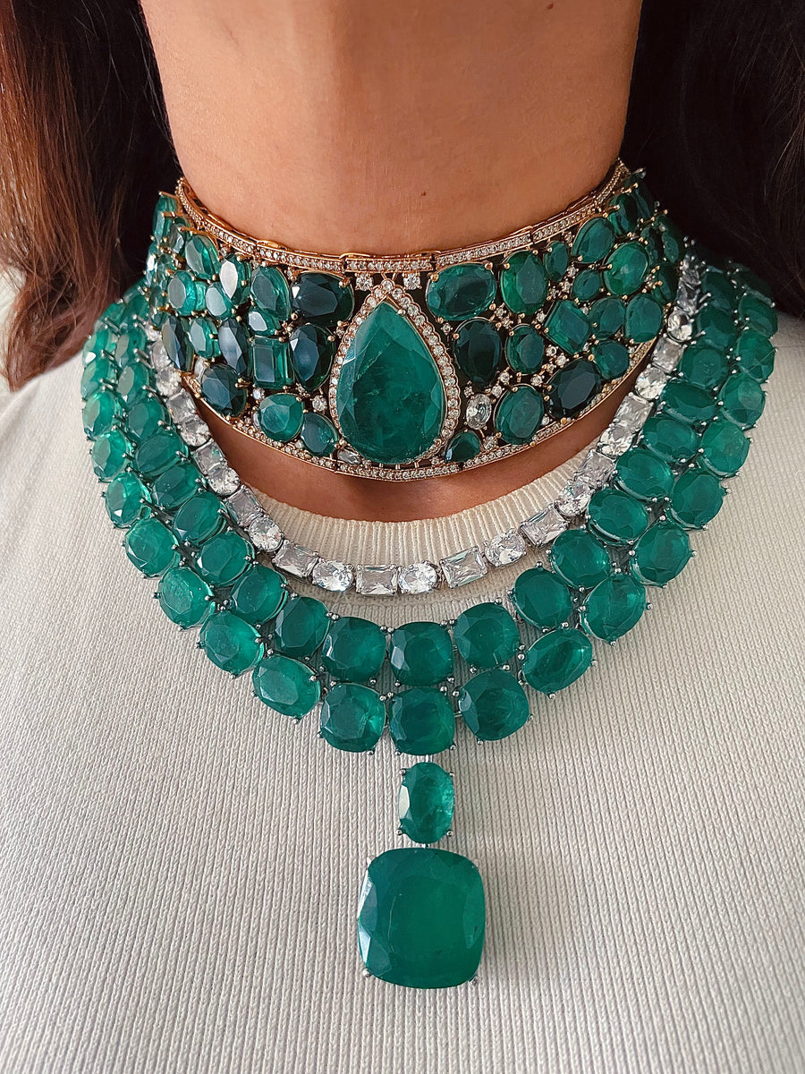 Maharani Emerald Doublet & Diamond Choker & Boulder Emerald Dimond 3 Layer Necklace Set (2 Necklace & 2 Earrings)