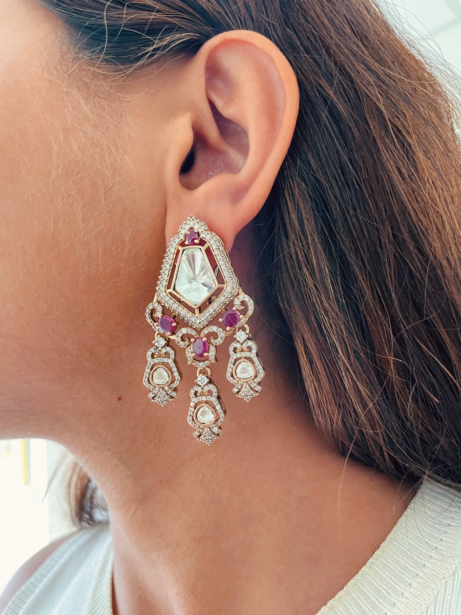 Moissanite Polki Kundan Pentagon with Ruby Oval Detailing Necklace Set (Necklace & Earrings)