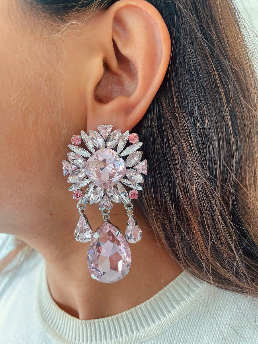 Light Pink 3 Drop Dangler Crystal Studded Earrings