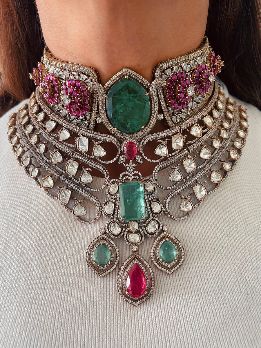 Maharani Ruchika Emerald & Ruby Aureline Rajdarbar Dynasty Sovereign & Vidhi Moissanite Polki Kundan Emerald Ruby Diva Necklace Set (2 Necklace & 2 Earrings)