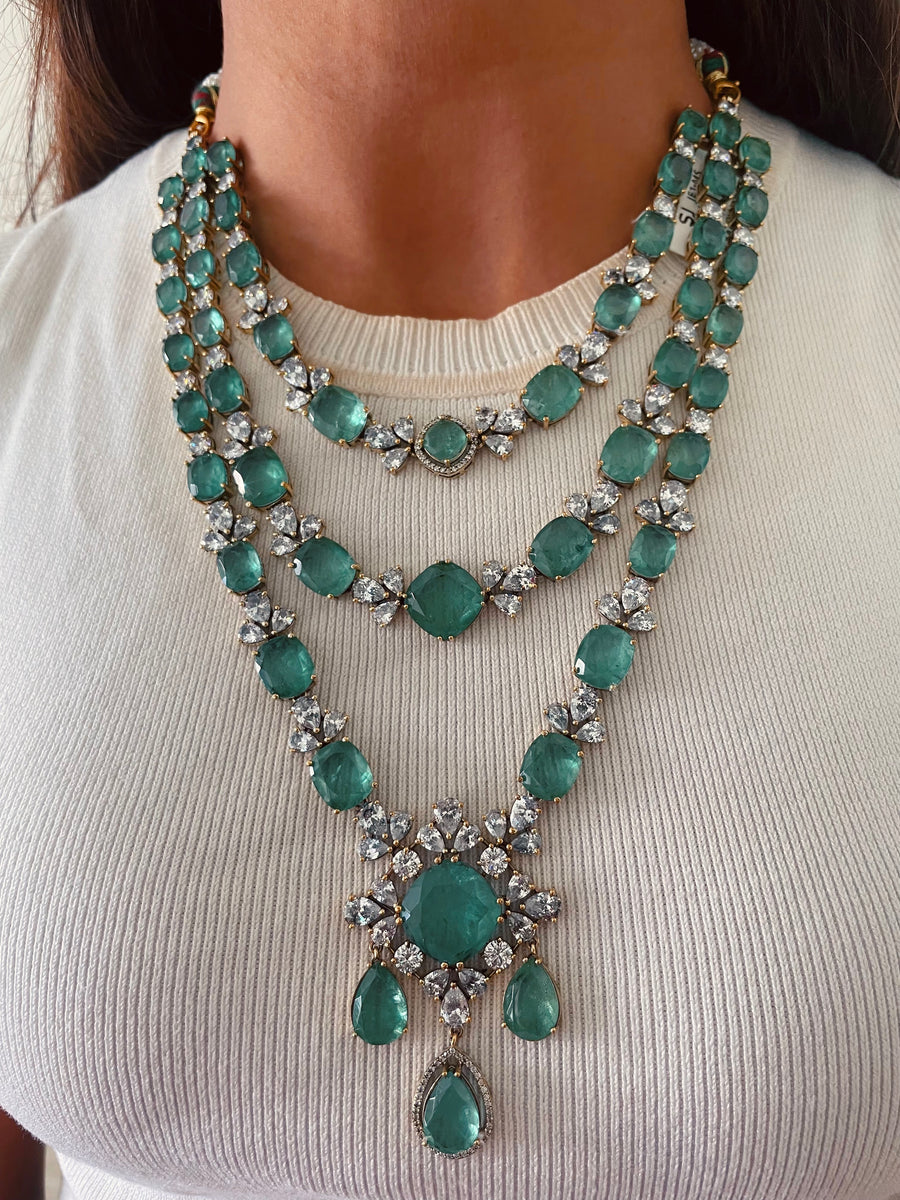 Zarfina Mint Green Maharani Imperial Haar Necklace Set (Necklace & Earrings)