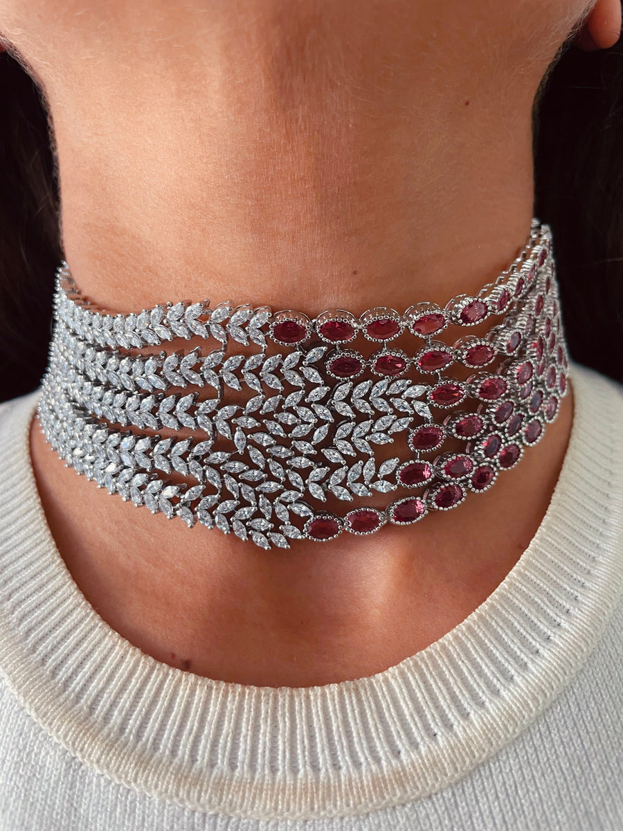 Statement Diamond & Ruby Leaflet Choker Necklace Set