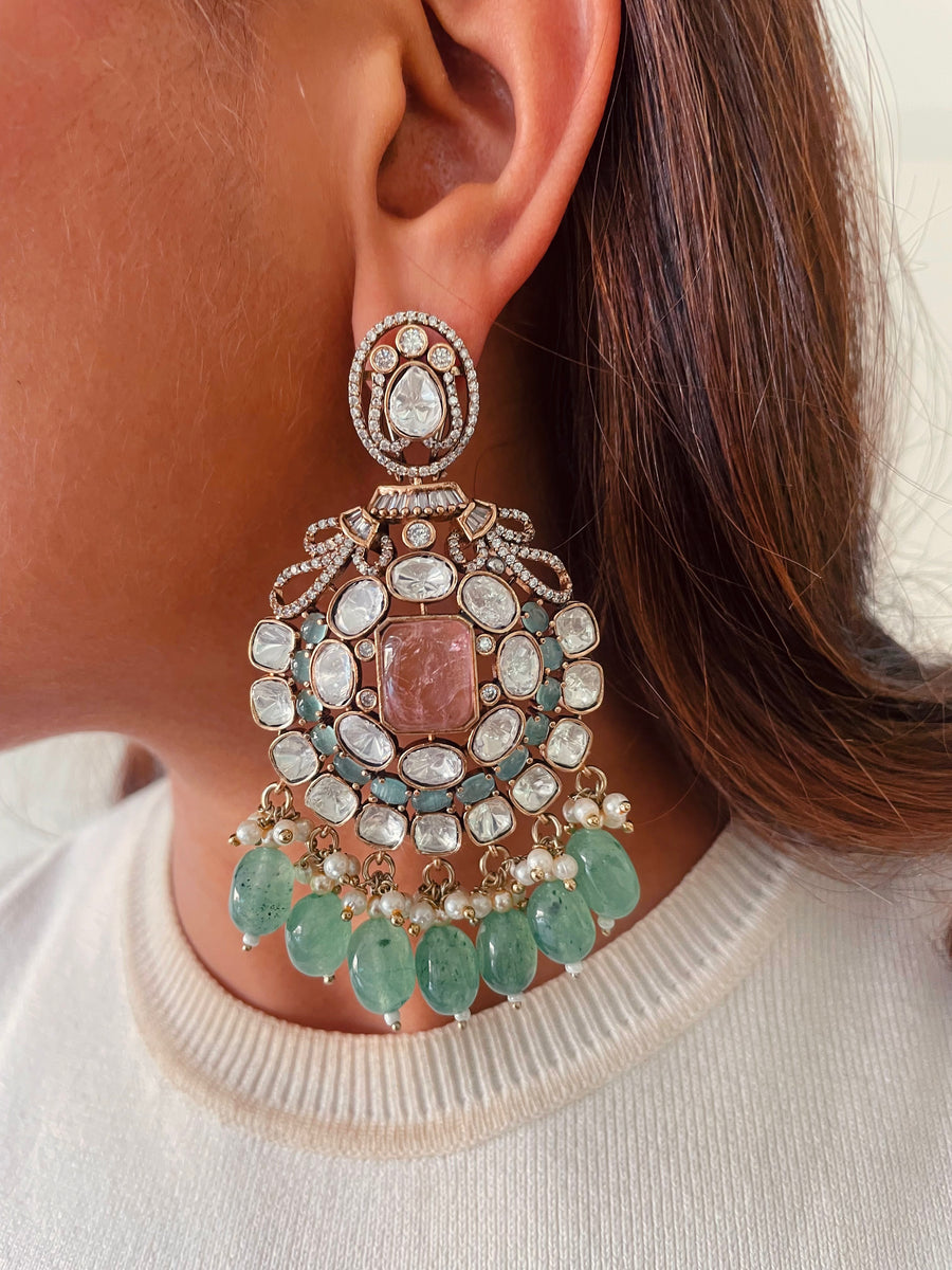 Roshni Emerald Bloom Statement Moissanite Kundan Polki Choker Necklace Set ( Necklace & Earrings )