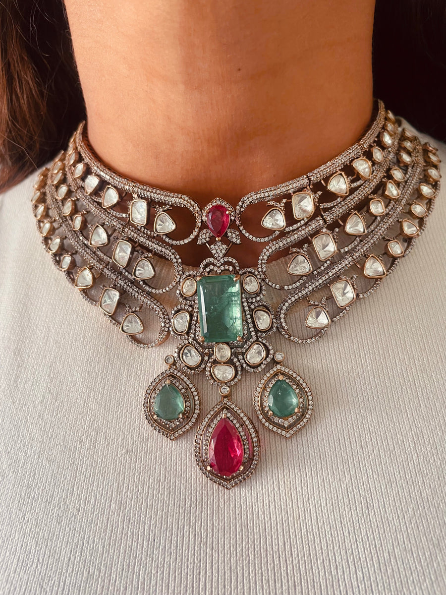 Maharani Ruchika Emerald & Ruby Aureline Rajdarbar Dynasty Sovereign & Vidhi Moissanite Polki Kundan Emerald Ruby Diva Necklace Set (2 Necklace & 2 Earrings)