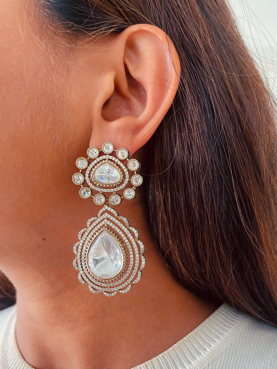 Chandani 5 Layered Victorian Moissanite Kundan Polki Necklace Set ( Necklace & Earrings )