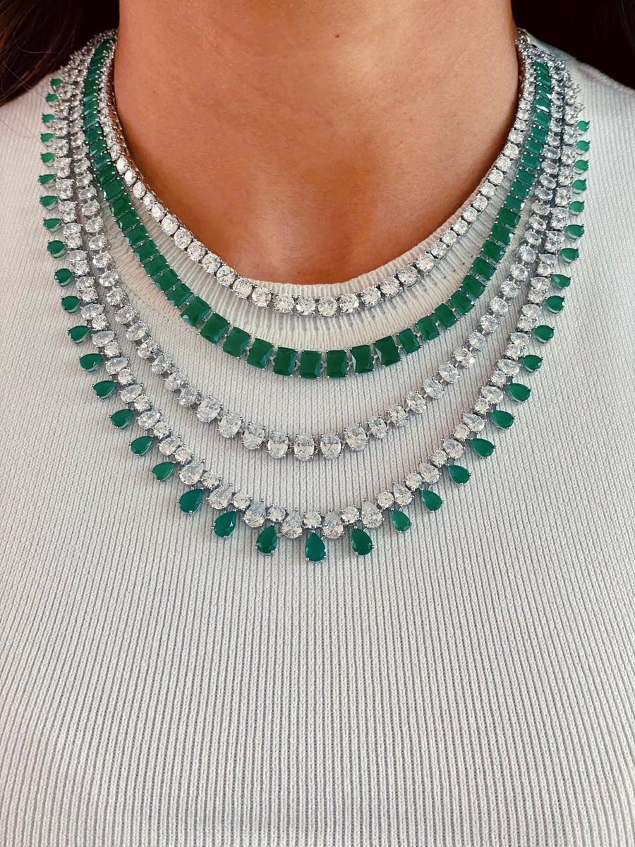 4 Layer Diamond Emerald Setting Pendant Set (Earrings & Necklace)