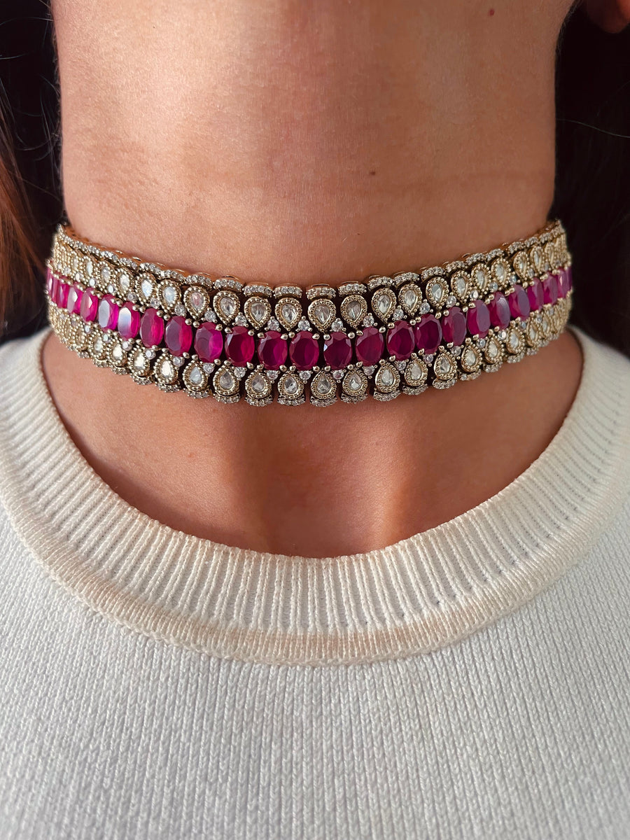 Alina Ruby & Moissanite Kundan Polki Choker Diamond Necklace Set ( Necklace & Earrings )