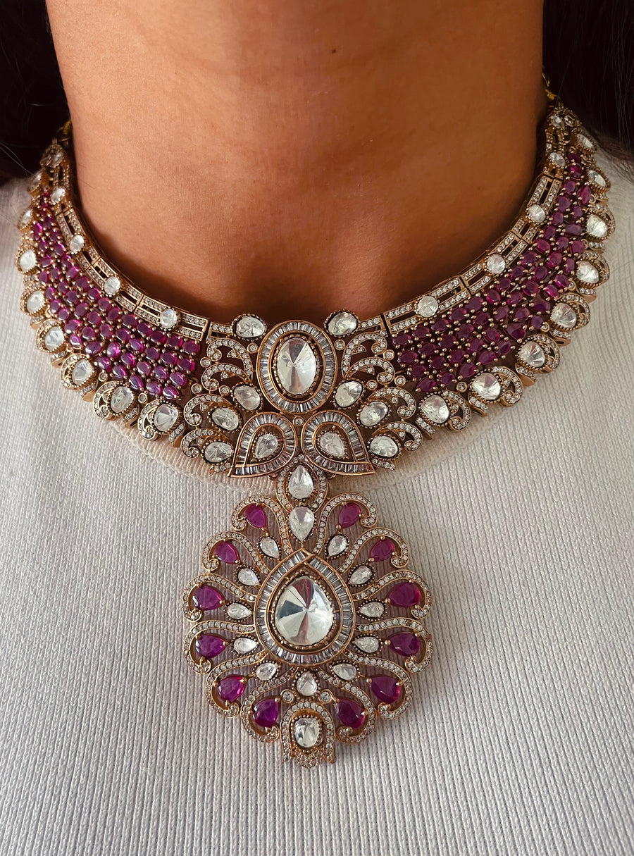 Zarnoor Rubiyana Royal Court Empress Moissanite Polki Kundan Necklace Set (Necklace & Earrings)