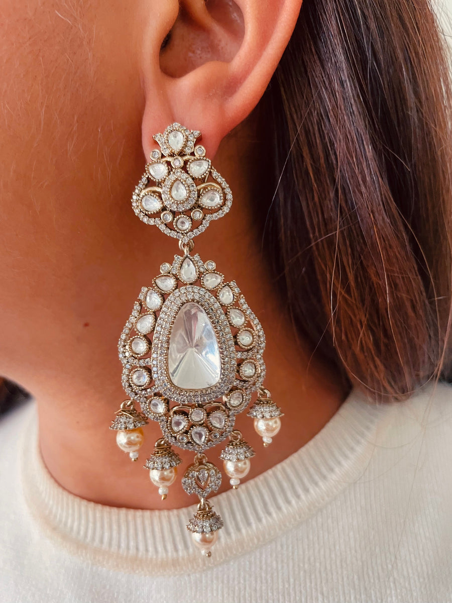 Intricate Kundan Stone Embellished Long Dangler Earrings With Pearl Drops