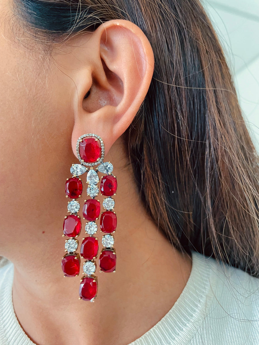Maharani Zarfina Ruby Imperial Haar & Yuri Ruby Tear Drop Dimonte Detail Statement Necklace Set (2 Necklace & 2 Earrings)
