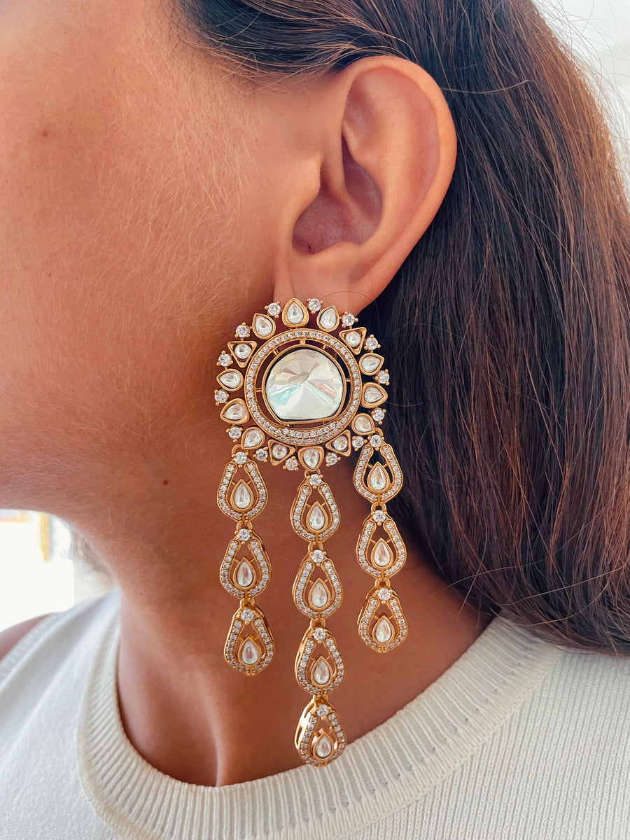 Diamond Polki Kundan Dangling Statement Earrings