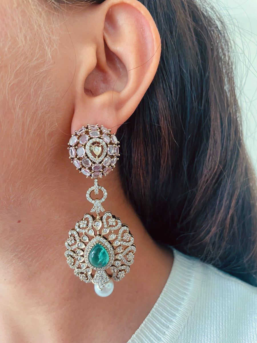 Light Pink Statement Emerald Tear & Pearl Drop Diamond Polki Kundan Necklace Set (Necklace & Earrings)