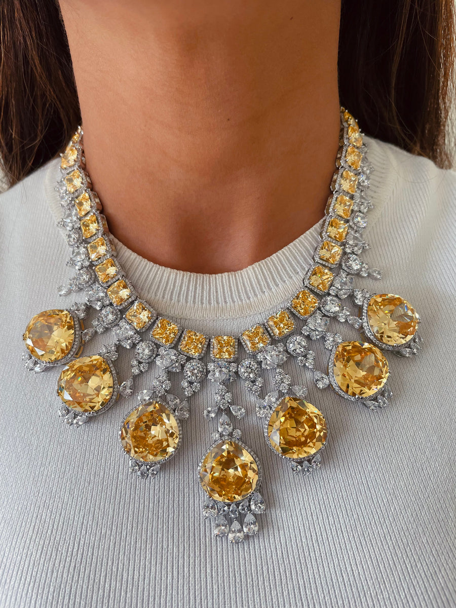 Maharani Citrine Square Drop Diamonte statement ketting & citrine tennis ketting set (oorbellen en ketting)