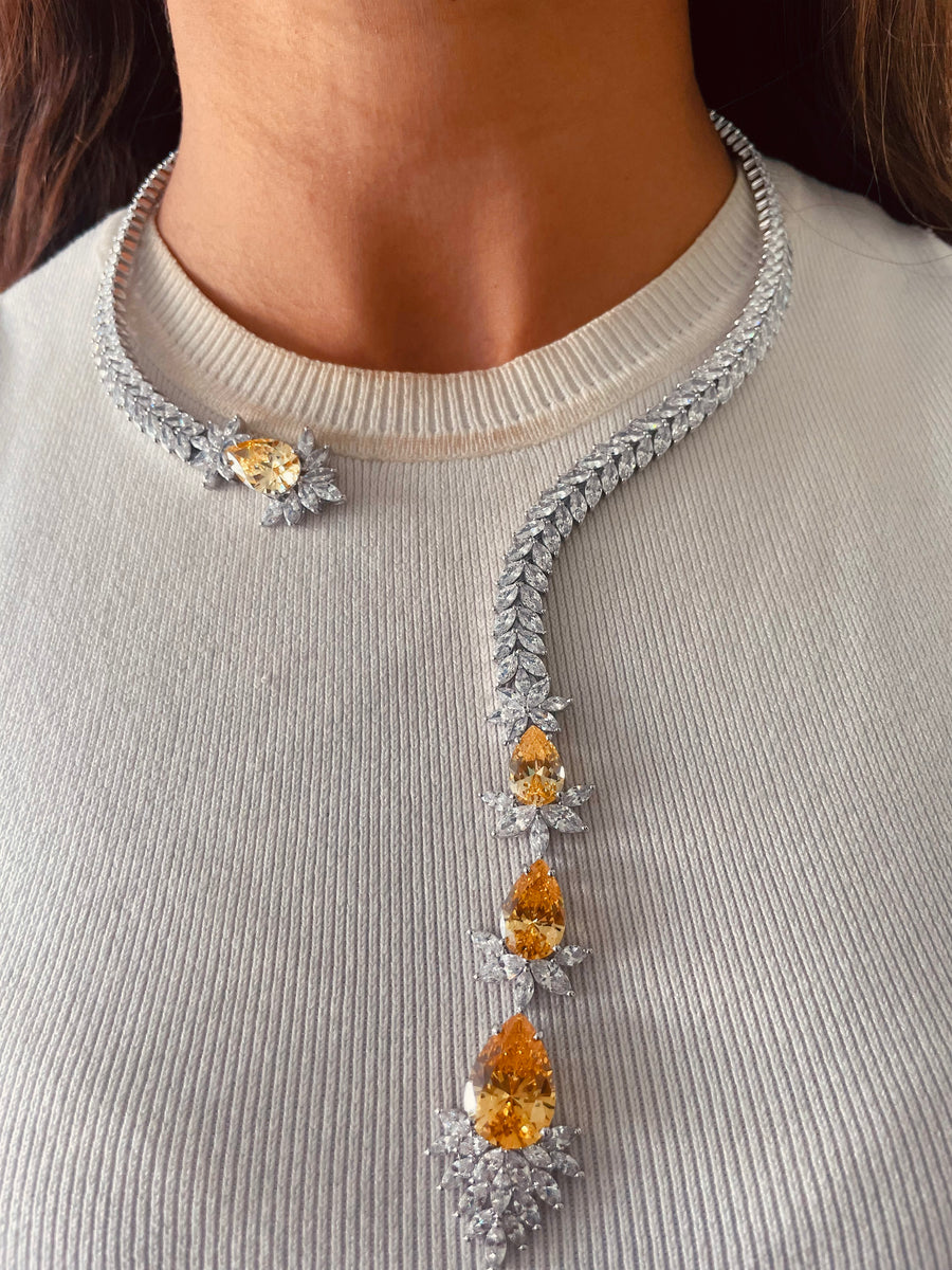 Dual Dripping Drops of Citrine & White Diamond Open Front Back Hinge Necklace Set (Necklace & Earrings)