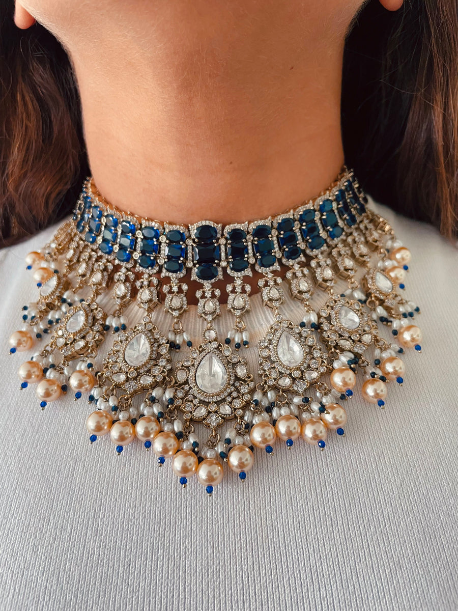 Meetu Sapphire, Pearls & Polki Dangling Statement Necklace Set (Necklace & Earrings)