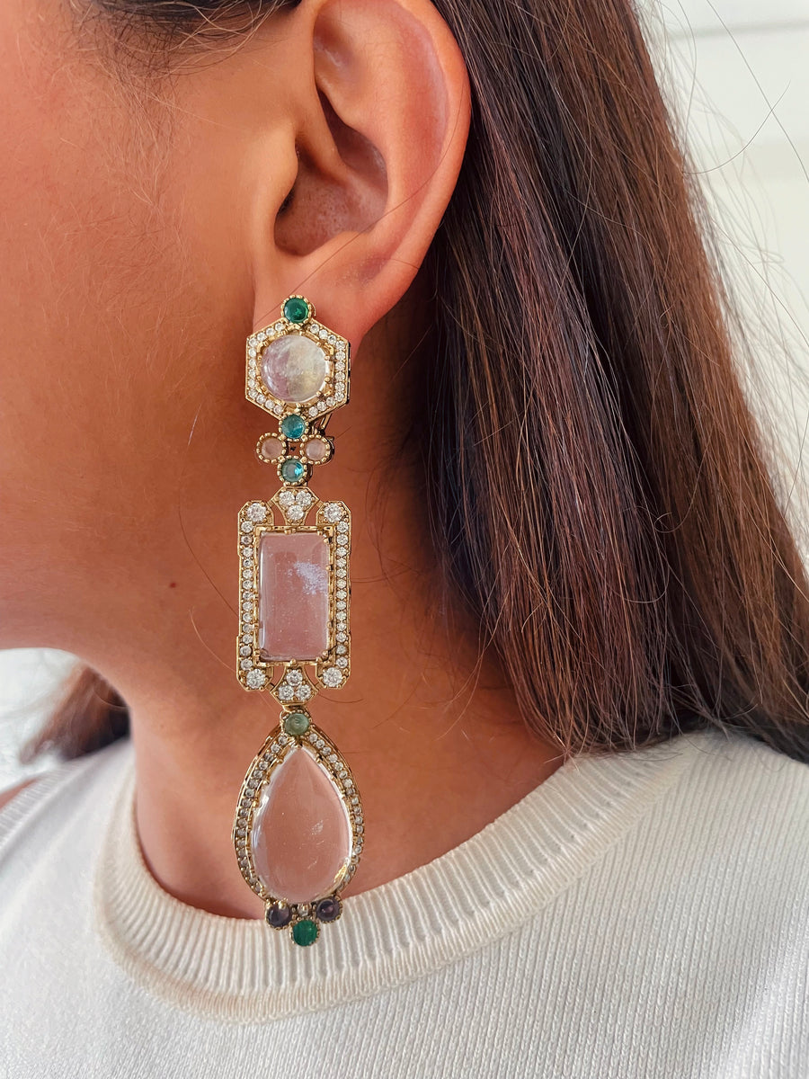 The Gilded Grove Of Mint Green & Dusky Pink Jewel With Verdant Drop Earrings