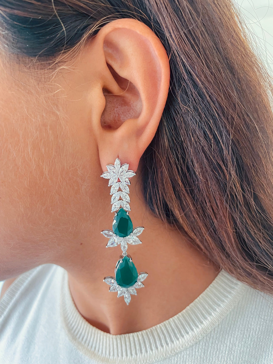 Dual Dripping Drops of Emerald & White Diamond Open Front Back Hinge Necklace Set (Necklace & Earrings)