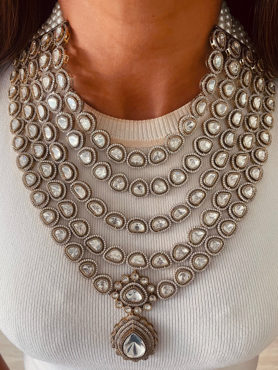 Chandani 5 Layered Victorian Moissanite Kundan Polki Necklace Set ( Necklace & Earrings )